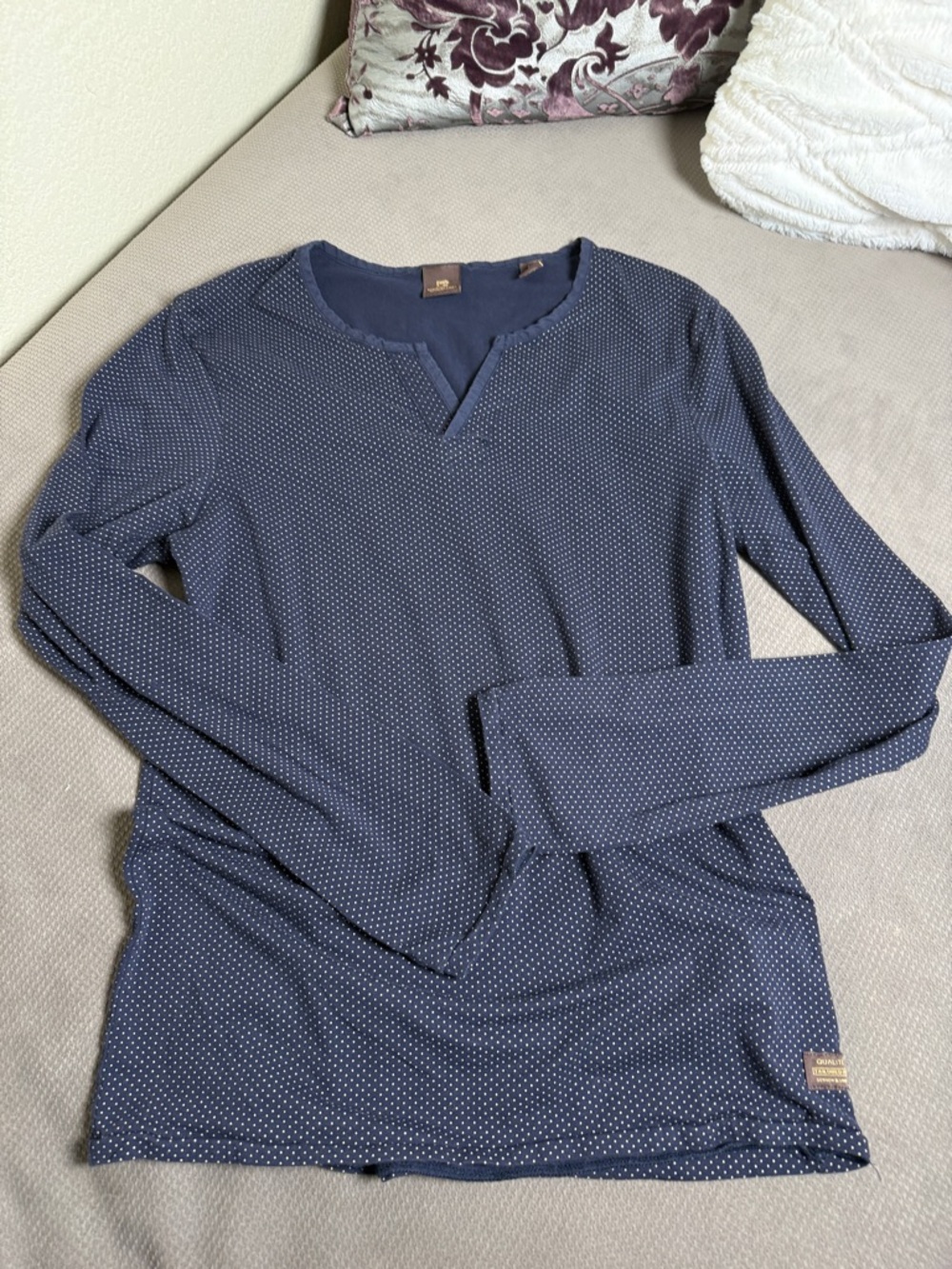 Scotch & Soda Navy Blue Long Sleeve Henley with Micro Dot Print